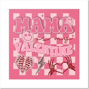 Mama Is My Valentine Pink Skeleton Heart Checkered Background Posters and Art